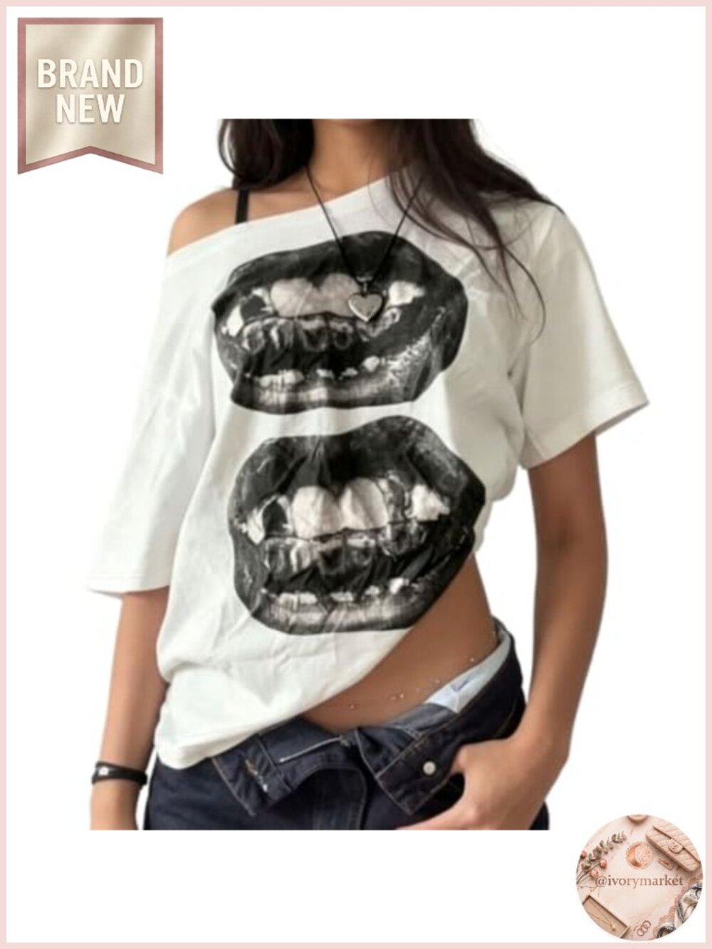 Off Shoulder Graphic Tshirt for Women Y2k Oversized Baggy Tee Lip Print Vintage